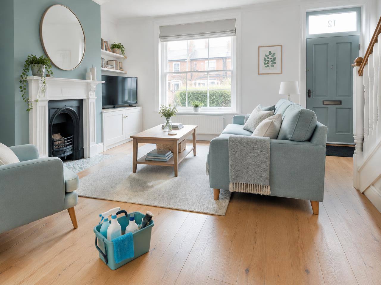 A bright, freshly cleaned living room with a sofa, plants and sunlight